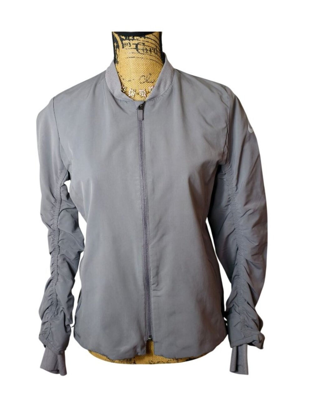 Nike Womens S Golf Jacket Shield Full-Zip Gray Ruched Sleeve Lightweight